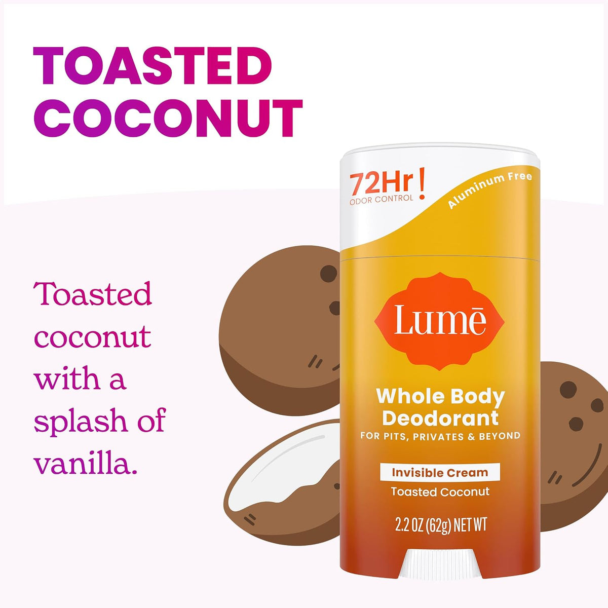 Whole Body Deodorant - Invisible Cream Stick - 72 Hour Odor Control - Aluminum Free. Baking Soda Free. Skin Safe - 2.2 Ounce (Pack of 2) (Toasted Coconut)
