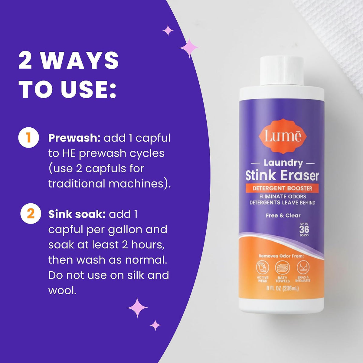 Laundry Stink & Stain Eraser - Detergent Booster & Sink Soak - Eliminates Body Odor In Clothes - Odor Blasting Enzyme Blend - Make Your Detergent Work Better - Free & Clear - 8 fl oz (2 Pack)