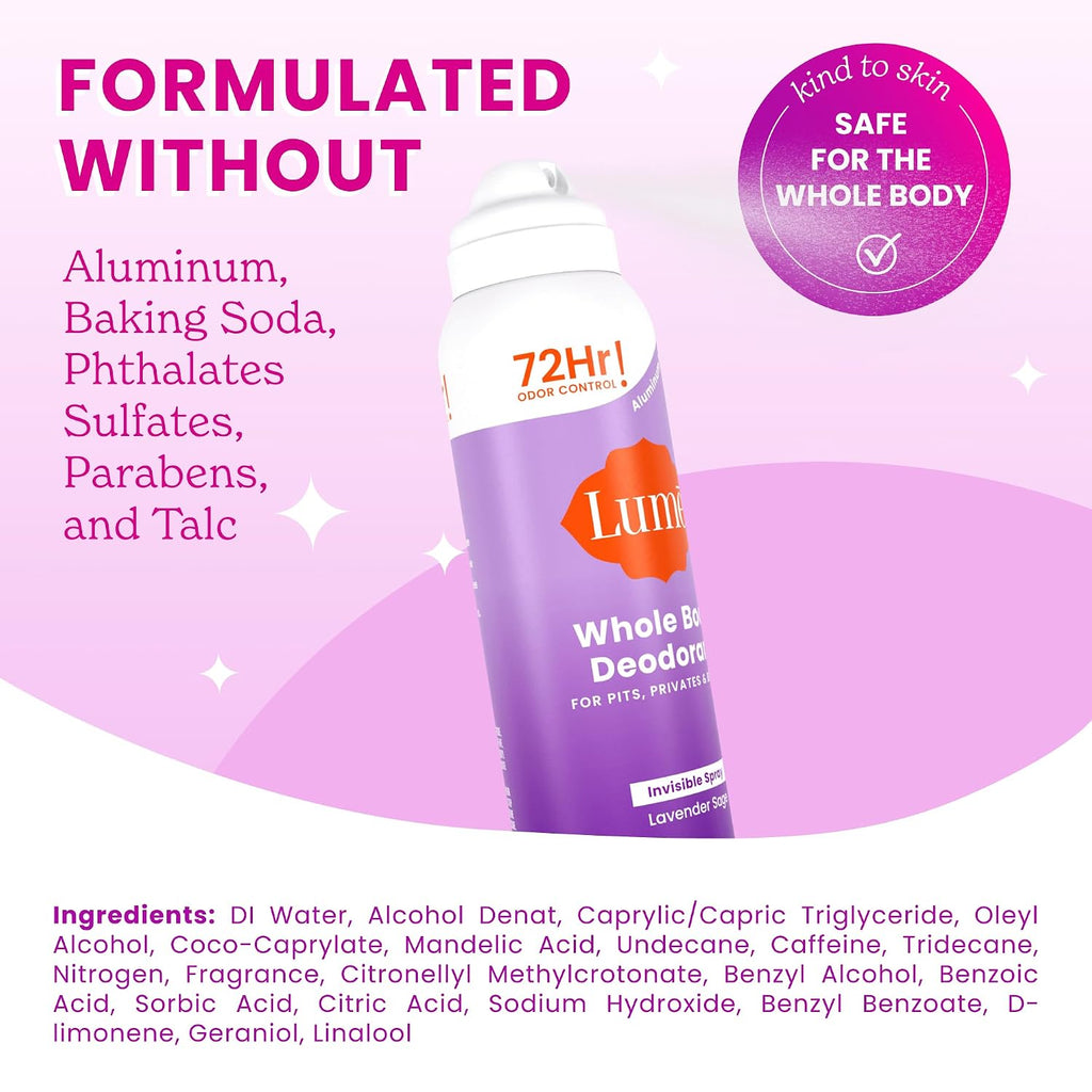 Invisible Spray Deodorant For Women - Whole Body Deodorant Spray - 72 Hr Odor Control - Ozone Friendly. Natural Propellant - Aluminum & Baking Soda Free. Skin Loving - 3.6 ounce (Lavender Sage)