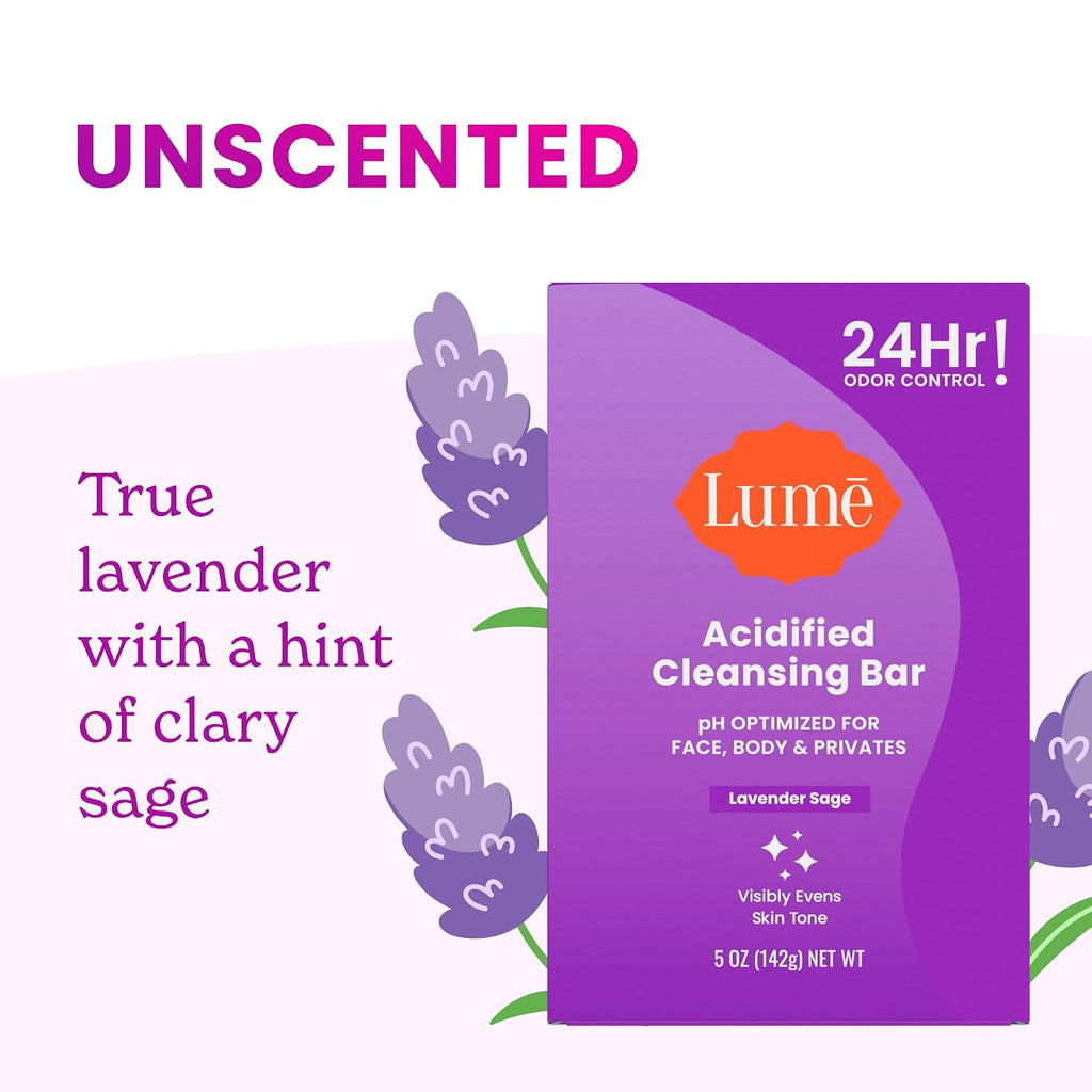 Acidified Body Cleansing Bar - 24 Hour Odor Control - Removes Odor Better than Soap - Moisturizing Formula - Formulated Without SLS and Parabens - OB/GYN Developed - 5 ounce (Lavender Sage)