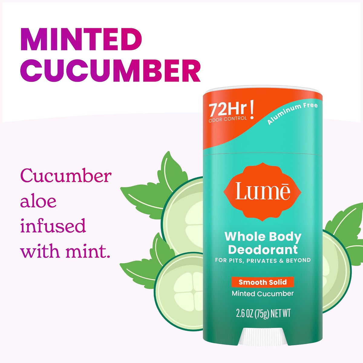 Whole Body Deodorant - Smooth Solid Stick - 72 Hour Odor Control - Aluminum Free. Baking Soda Free and Skin Loving - 2.6 Ounce (Pack of 3) (Minted Cucumber)