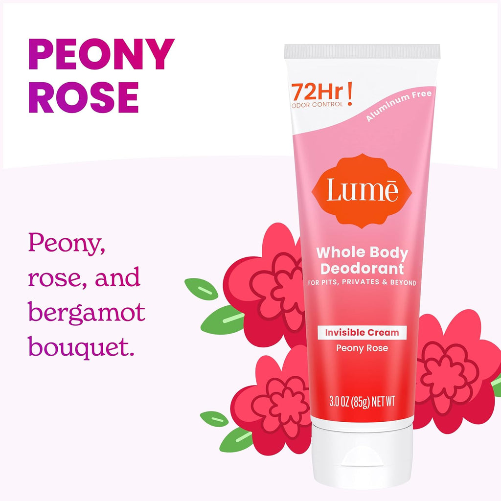 Whole Body Deodorant - Invisible Cream Tube - 72 Hour Odor Control - Aluminum Free. Baking Soda Free. Skin Safe - 3.0 ounce (Peony Rose)