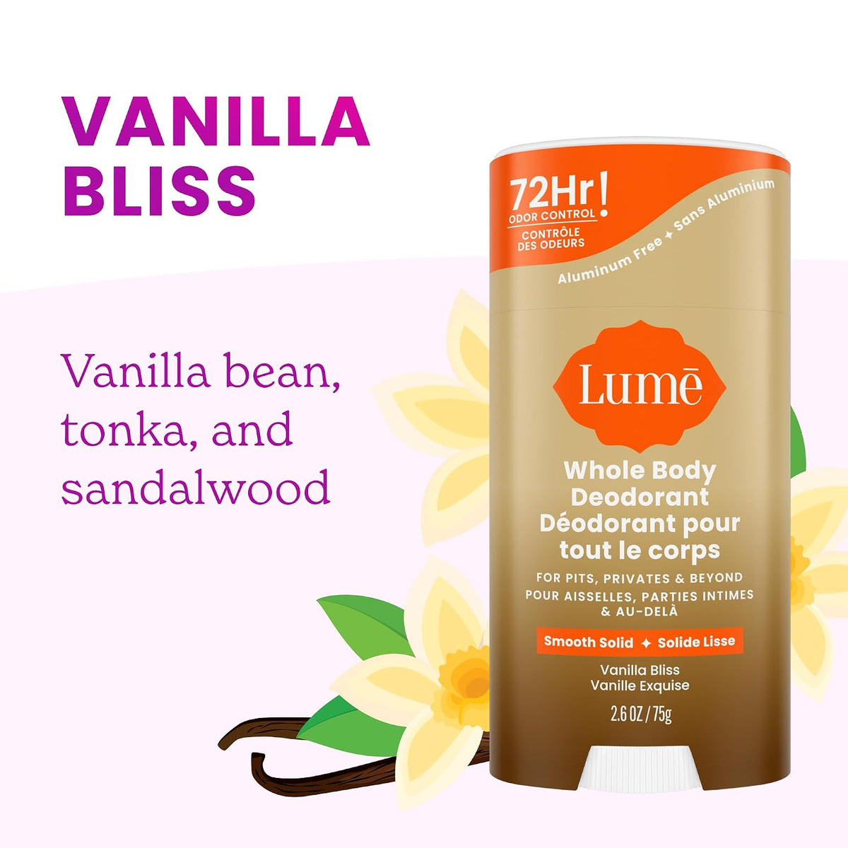 Whole Body Deodorant - Smooth Solid Stick - 72 Hour Odor Control - Doctor Developed - Aluminum Free. Baking Soda Free and Skin Loving - 2.6 Ounce (Pack of 2) (Vanilla Bliss)