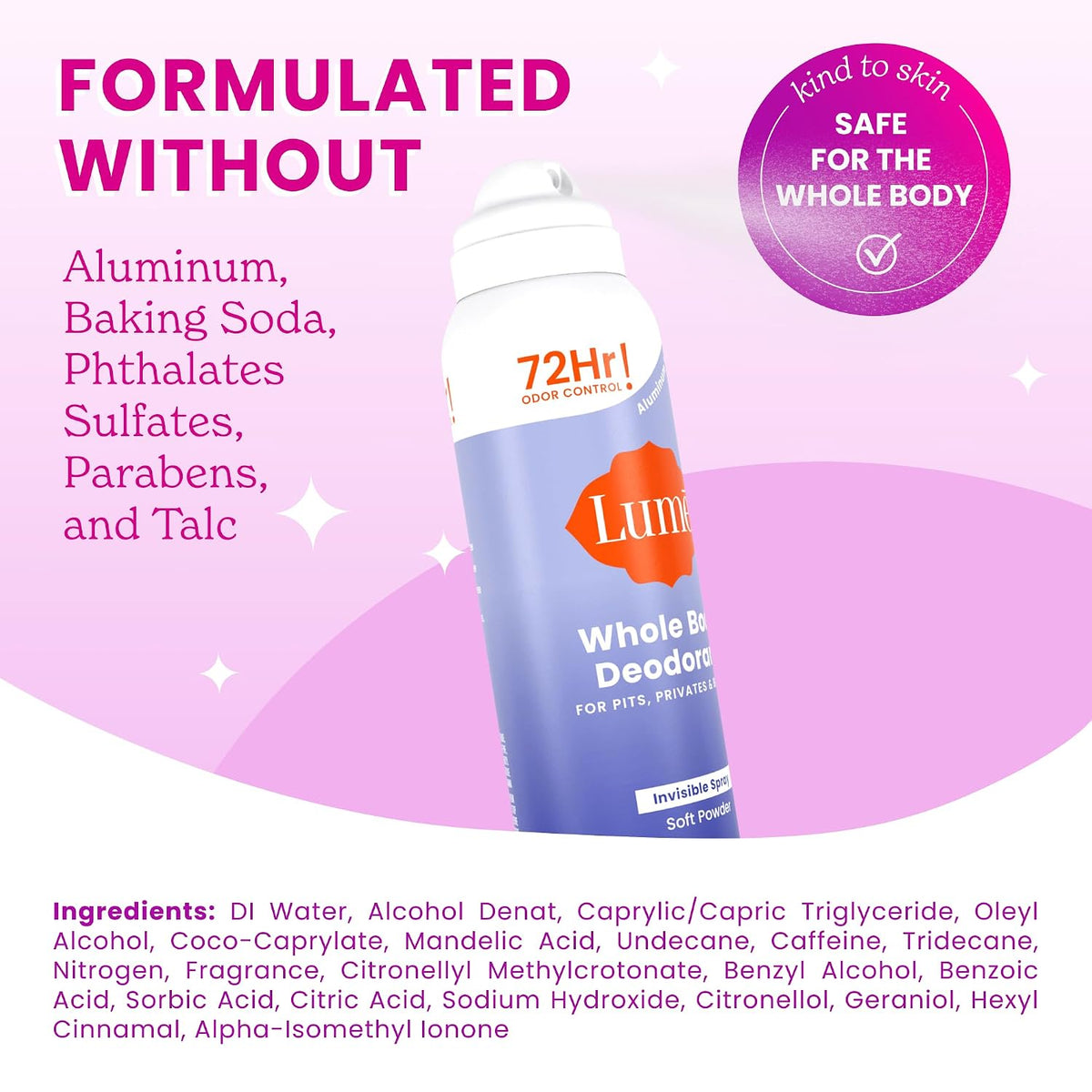 Invisible Spray Deodorant For Women - Whole Body Deodorant Spray - 72 Hr Odor Control - Ozone Friendly. Natural Propellant - Aluminum & Baking Soda Free. Skin Loving - 3.6 ounce (Soft Powder)