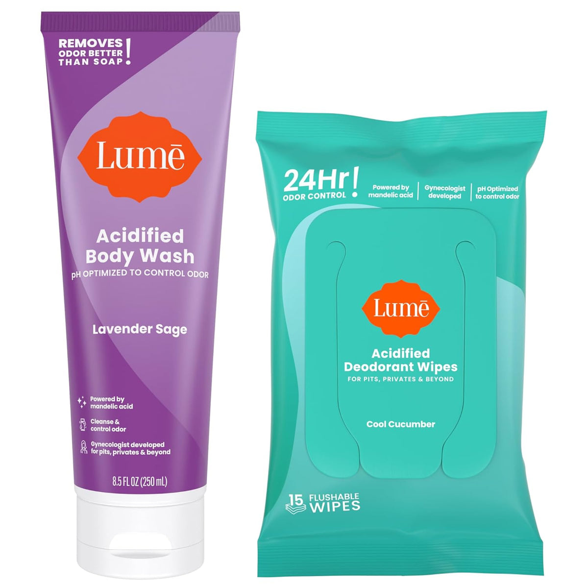 Acidified Body Wash & Flushable Deodorant Wipes - 24 Hour Odor Control - Hydrating Wash - Without SLS or Parabens - OB/GYN Developed - 8.5 ounce (Lavender Sage) 15 Count Wipes (Cucumber)