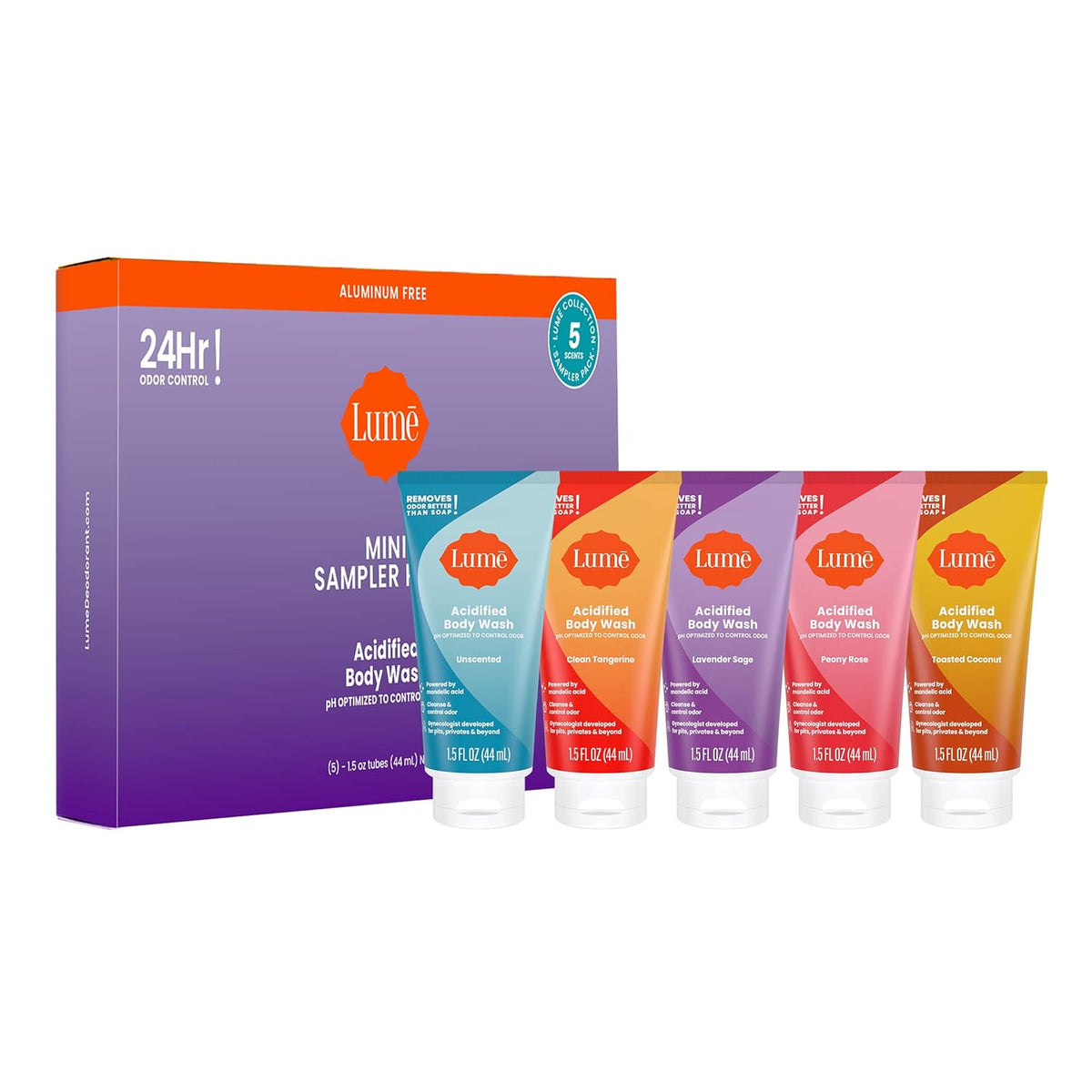 Acidified Body Wash 5 Pack Minis - 24 Hour Odor Control - Moisturizing Formulated Without SLS & Parabens - 1.5 ounce Tubes (Clean Tangerine. Lavender Sage. Peony Rose. Toasted Coconut. Unscented)