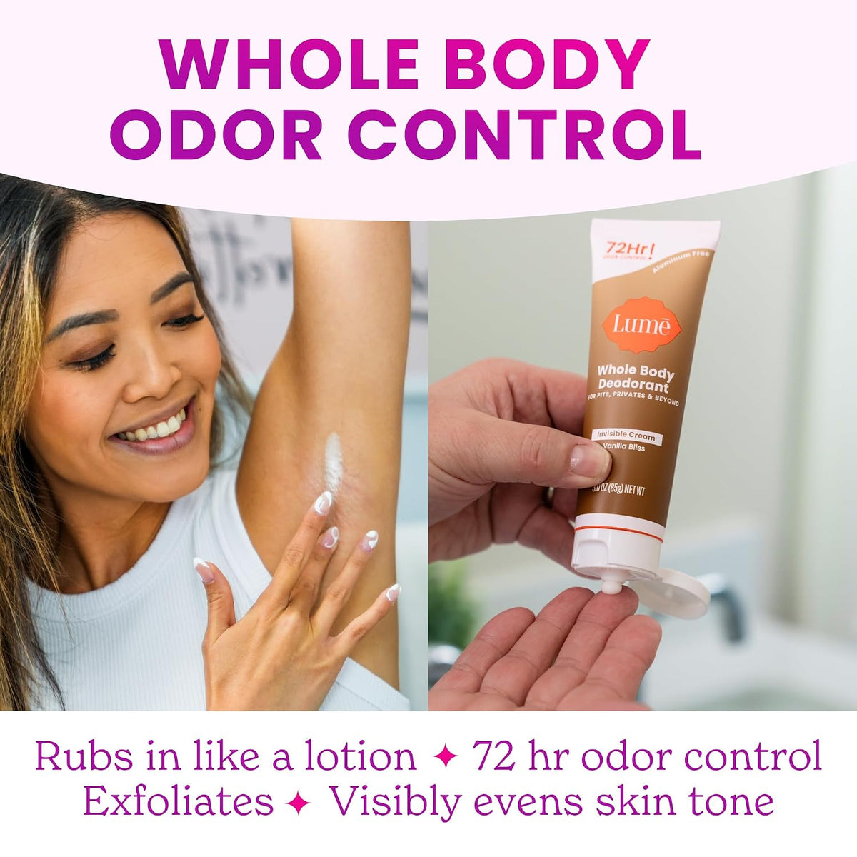 Whole Body Deodorant - Invisible Cream Tube - 72 Hour Odor Control - Doctor Developed - Aluminum Free. Baking Soda Free and Skin Loving - 3.0 Ounce (Pack of 2) (Vanilla Bliss)