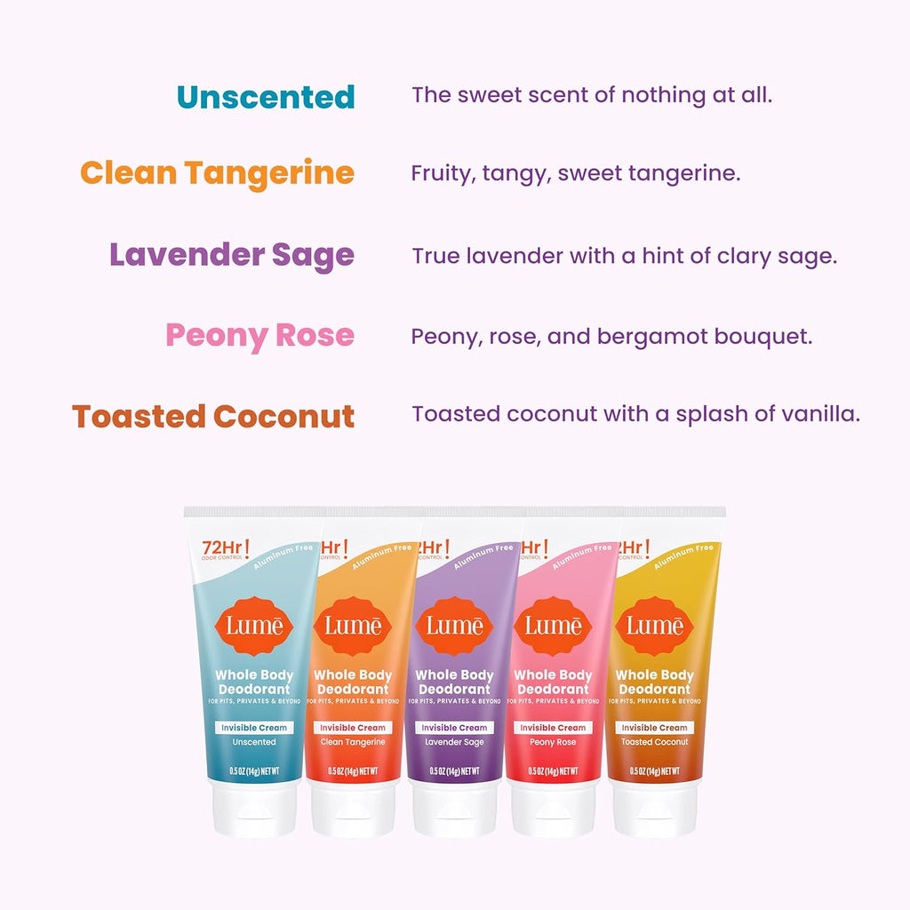 Whole Body Deodorant 5 Pack Sampler - Invisible Cream Minis - 72 Hour Odor Control - Aluminum & Baking Soda Free (Clean Tangerine. Lavender Sage. Peony Rose. Toasted Coconut. Unscented)