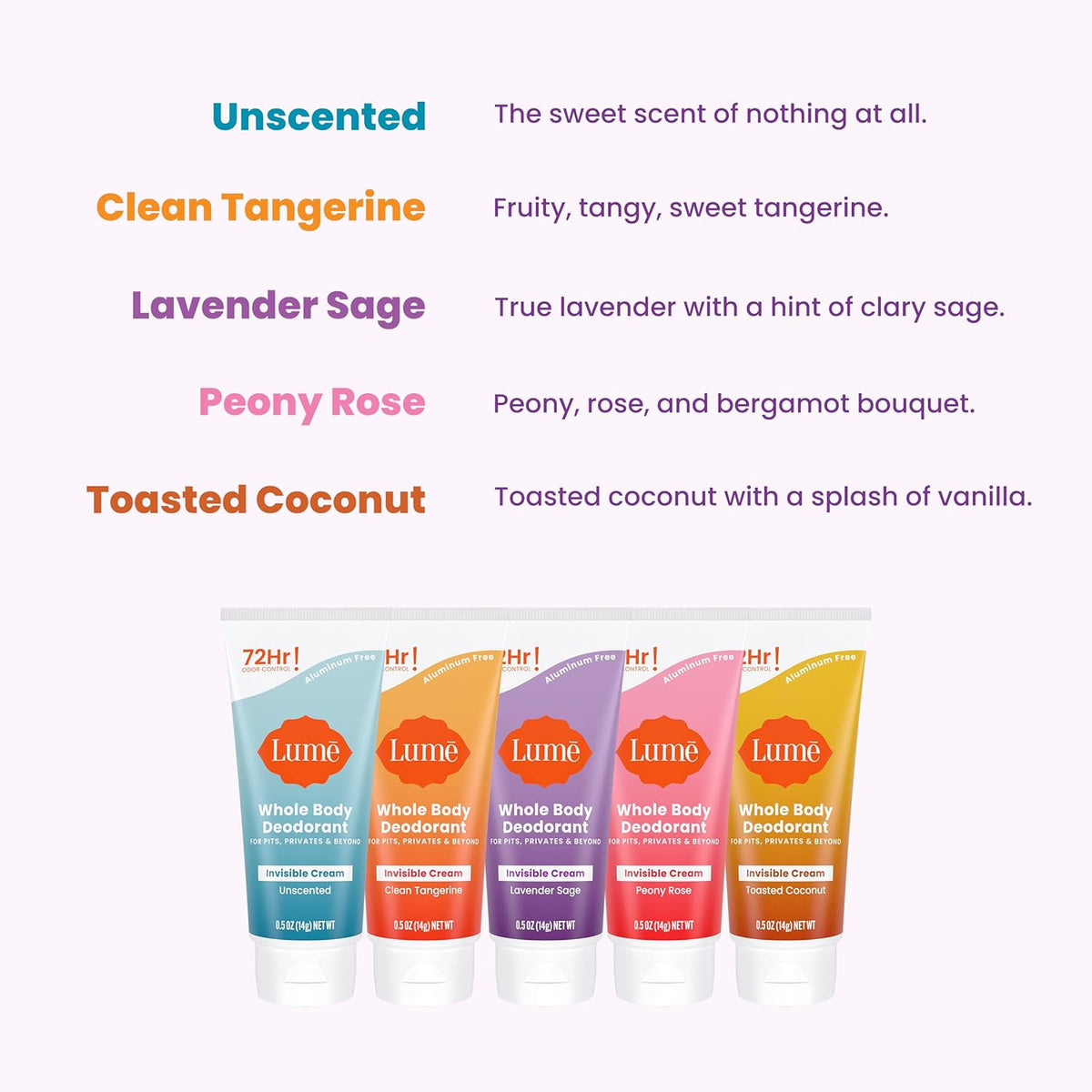 Whole Body Deodorant 5 Pack Sampler - Invisible Cream Minis - 72 Hour Odor Control - Aluminum & Baking Soda Free (Clean Tangerine. Lavender Sage. Peony Rose. Toasted Coconut. Unscented)