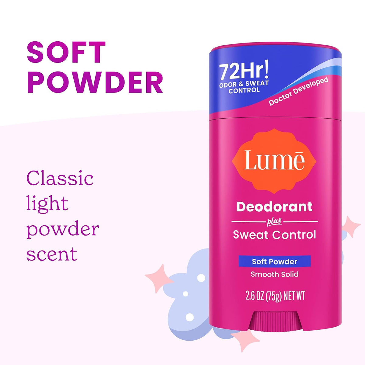 Deodorant Plus Sweat Control - Smooth Solid Stick - Extra Strength Antiperspirant - 72 Hour Odor And Sweat Control - Baking Soda Free. Skin Loving - 2.6 ounce (Soft Powder) Pack of 2