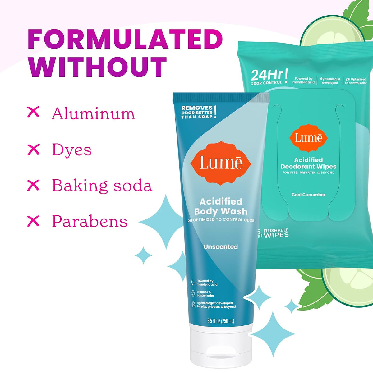 Acidified Body Wash & Flushable Deodorant Wipes - 24 Hour Odor Control - Hydrating Wash - Without SLS or Parabens - OB/GYN Developed - 8.5 Ounce (Unscented) 15 Count Wipes (Cool Cucumber)