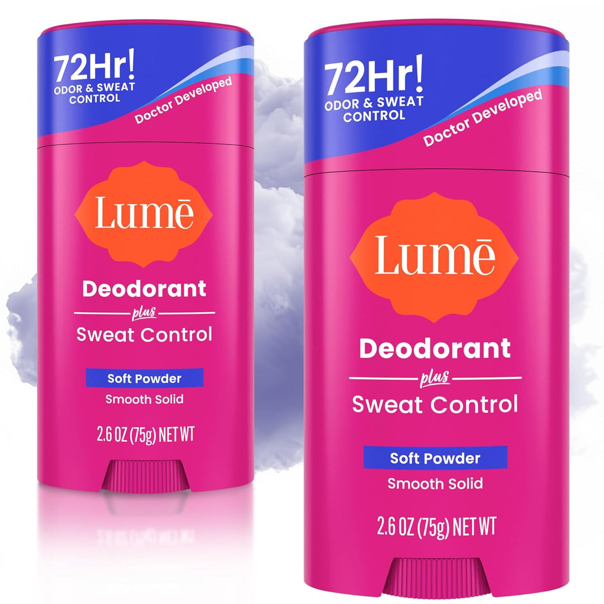 Deodorant Plus Sweat Control - Smooth Solid Stick - Extra Strength Antiperspirant - 72 Hour Odor And Sweat Control - Baking Soda Free. Skin Loving - 2.6 ounce (Soft Powder) Pack of 2