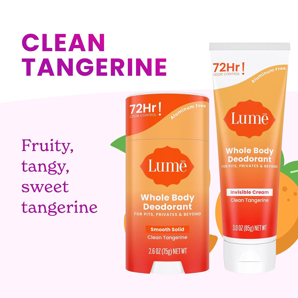 Whole Body Deodorant - Invisible Cream Tube and Solid Stick - 72 Hour Odor Control - Aluminum Free. Baking Soda Free. Skin Safe - 3.0 Ounce Tube and 2.6 Ounce Solid Stick Bundle (Clean Tangerine)