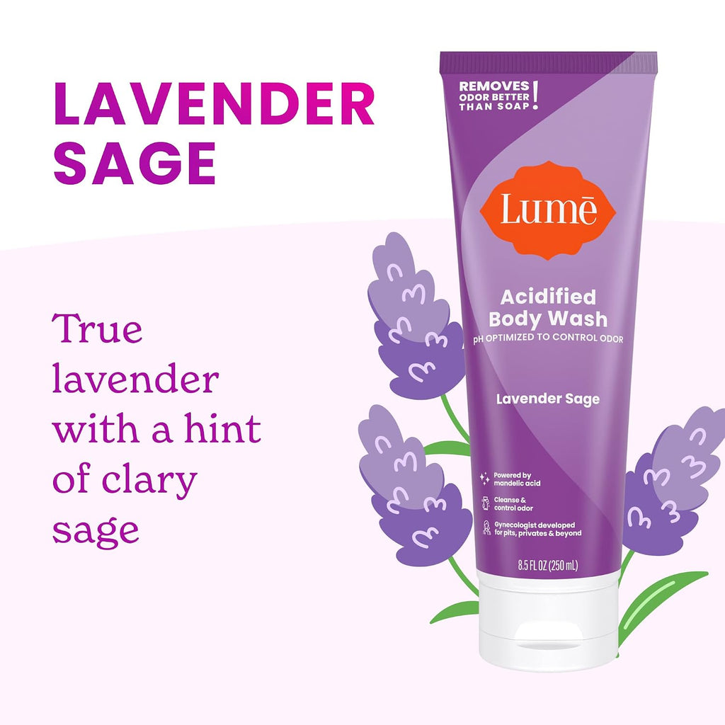Acidified Body Wash & Flushable Deodorant Wipes - 24 Hour Odor Control - Hydrating Wash - Without SLS or Parabens - OB/GYN Developed - 8.5 ounce (Lavender Sage) 15 Count Wipes (Cucumber)