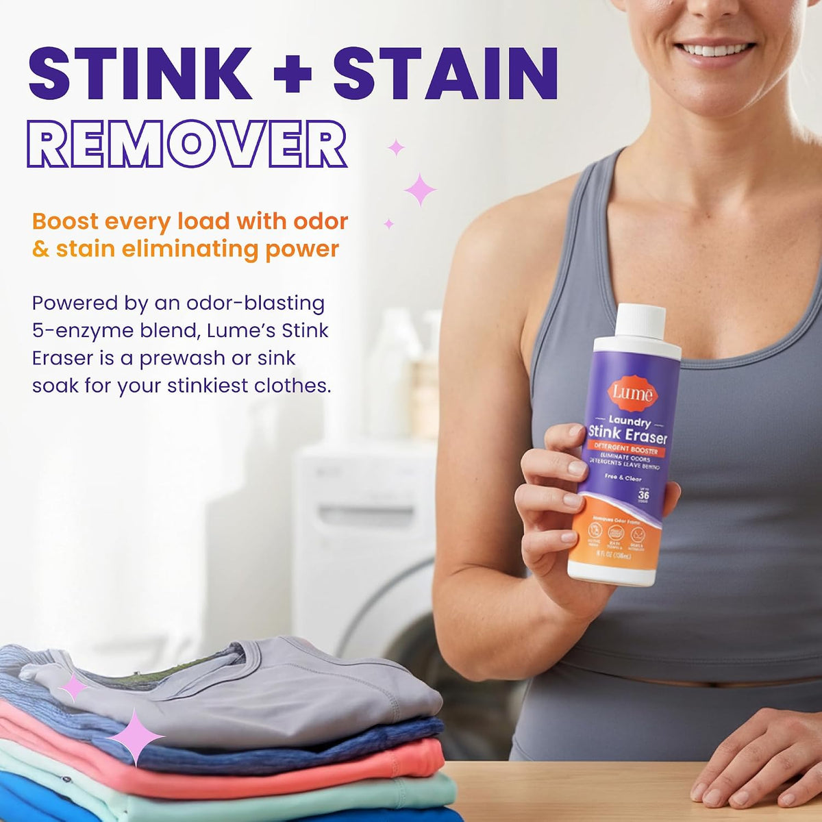 Laundry Stink & Stain Eraser - Detergent Booster & Sink Soak - Eliminates Body Odor In Clothes - Odor Blasting Enzyme Blend - Make Your Detergent Work Better - Free & Clear - 8 fl oz (2 Pack)