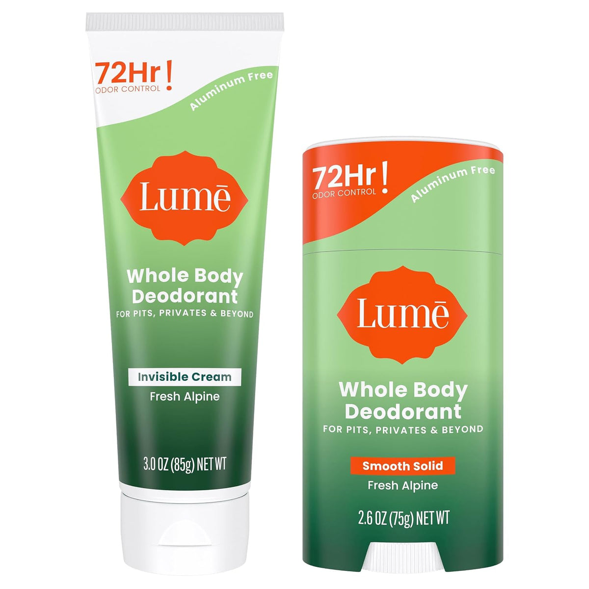 Whole Body Deodorant - Invisible Cream Tube and Solid Stick - 72 Hour Odor Control - Aluminum Free. Baking Soda Free. Skin Loving - 3.0 Ounce Tube and 2.6 Ounce Solid Stick Bundle (Fresh Alpine)