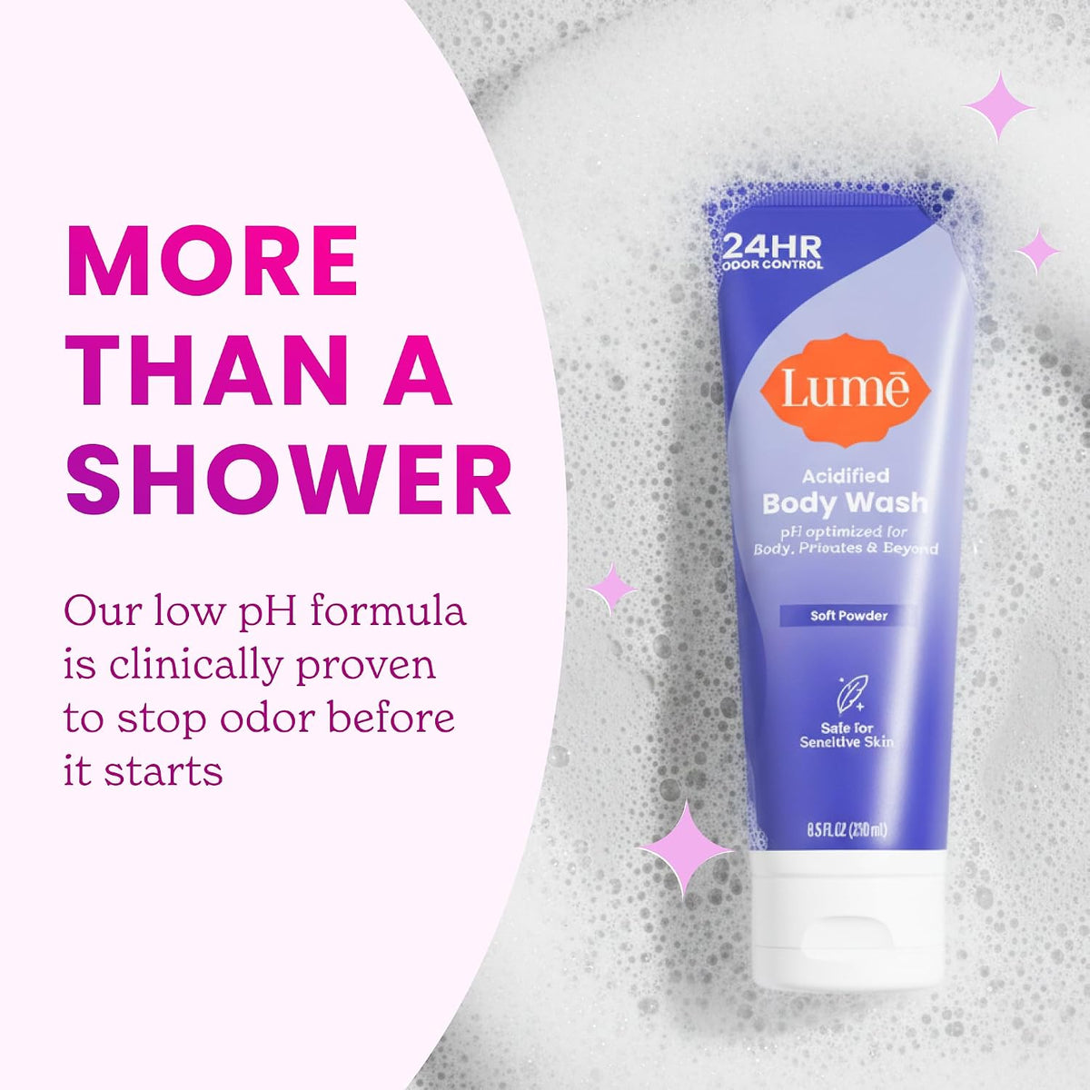 Acidified Body Wash for 24 Hour Odor Control - Removes Odor Better than Soap - Hydrating Formula - Formulated without SLS or Parabens - Safe for Sensitive Skin - 8.5 Ounce - 2 Pack (Soft Powder)