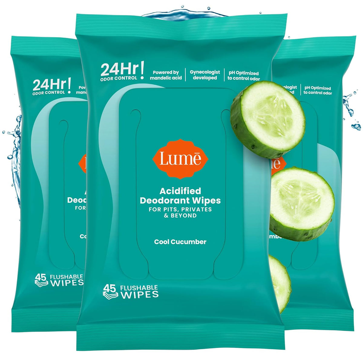 Acidified Deodorant Wipes - 24 Hour Odor Control - Aluminum Free. Baking Soda Free. Skin Loving - 45 Count (Pack of 3) (Cool Cucumber)