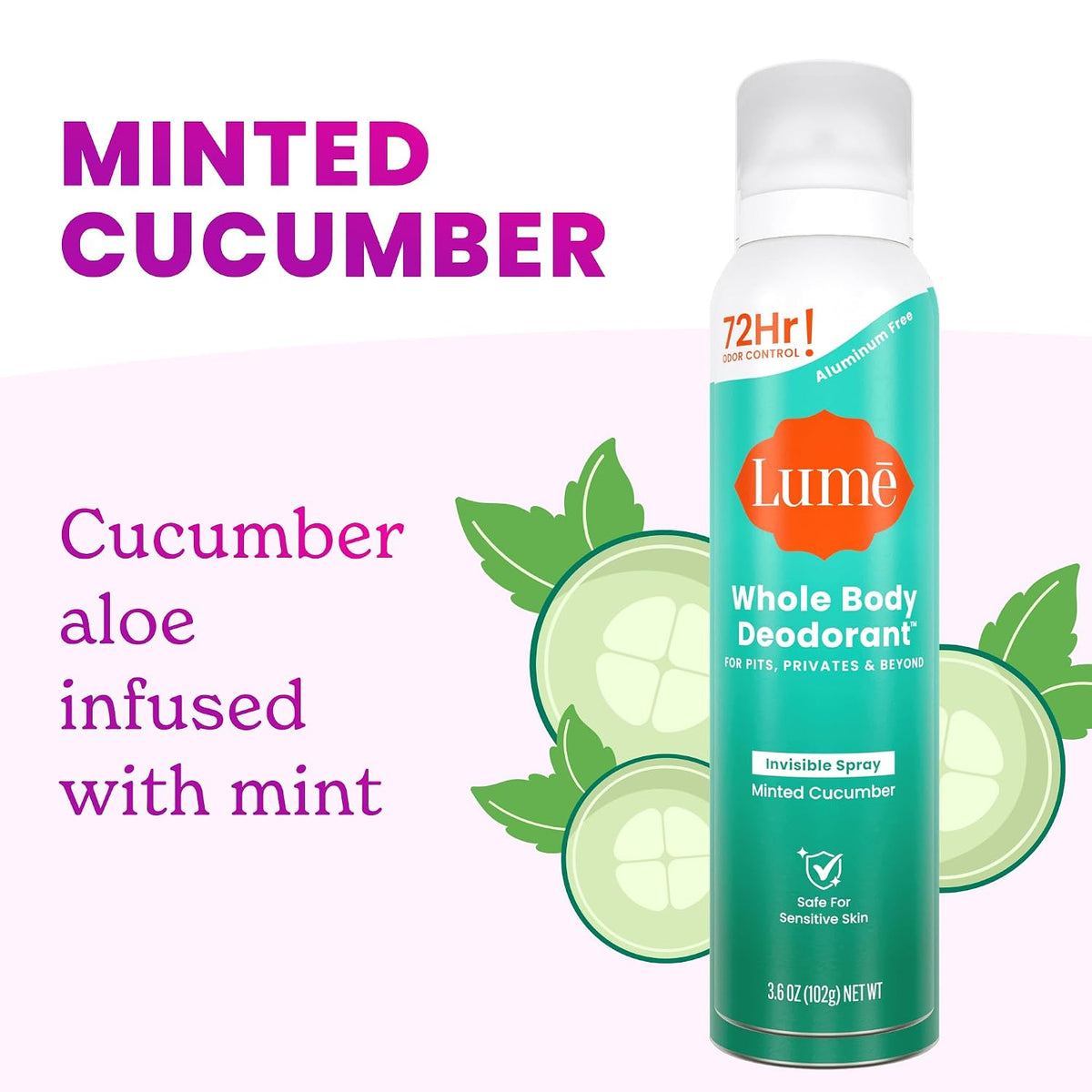 Invisible Spray Deodorant For Women - Whole Body Deodorant Spray - 72Hr Odor Control - Ozone Friendly - Aluminum Free & Baking Soda Free - Skin Loving. Low Irritation - 1pk (Minted Cucumber)