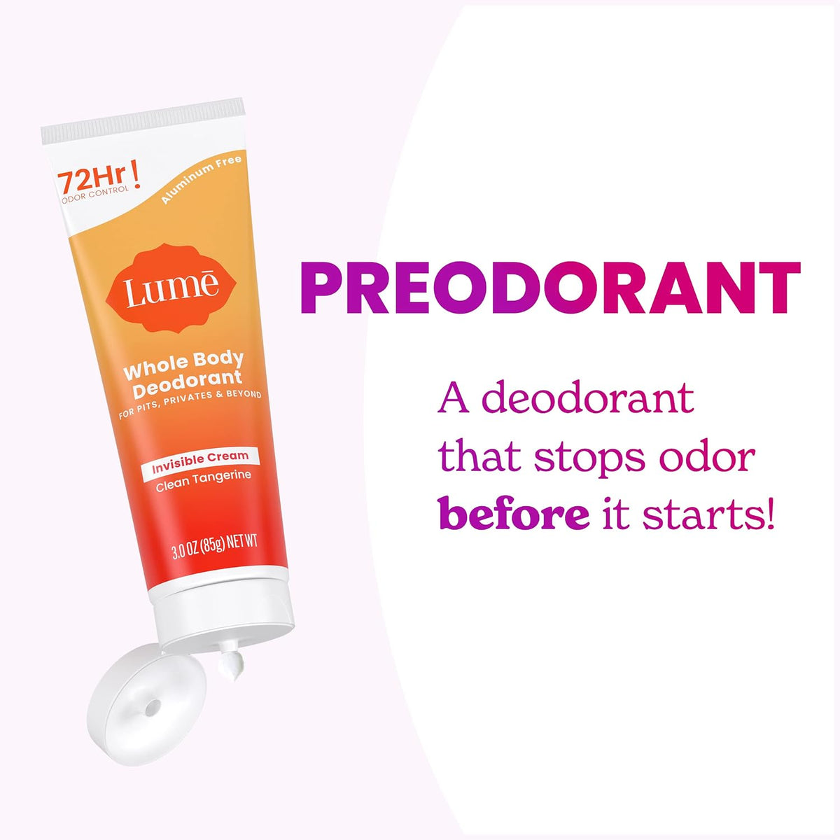 Whole Body Deodorant - Invisible Cream Tube - 72 Hour Odor Control - Aluminum Free. Baking Soda Free. Skin Safe - 3.0 ounce (Clean Tangerine)