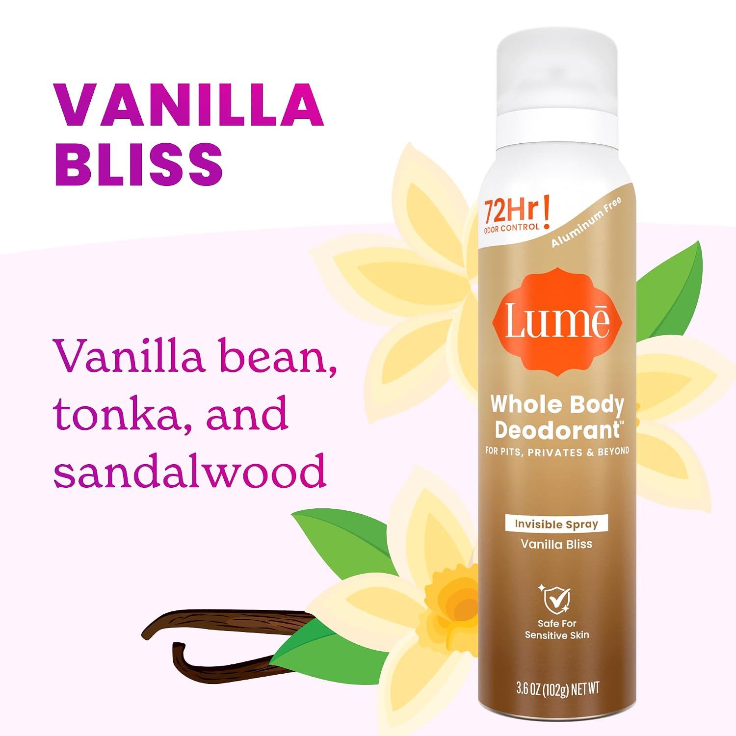 Invisible Spray Deodorant For Women - Whole Body Deodorant Spray - 72 Hr Odor Control - Ozone Friendly. Natural Propellant - Baking Soda & Aluminum Free - Skin Loving. Full Body - Vanilla Bliss