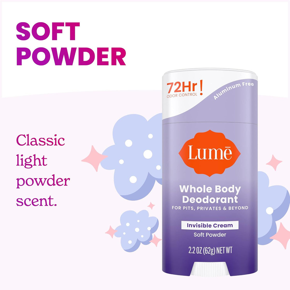 Whole Body Deodorant - Invisible Cream Stick - 72 Hour Odor Control - Aluminum Free. Baking Soda Free. Skin Safe - 2.2 Ounce (Pack of 2) (Soft Powder)