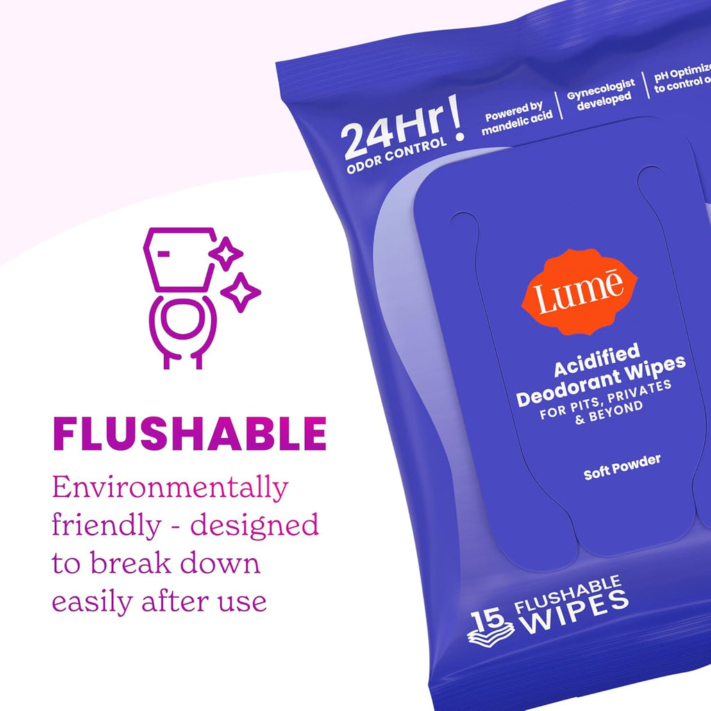 Acidified Deodorant Wipes - 24 Hour Odor Control - Whole Body Deodorant Wipes - Aluminum Free. Baking Soda Free. Skin Loving - Flushable - 15 Count - 3 Pack (Soft Powder)