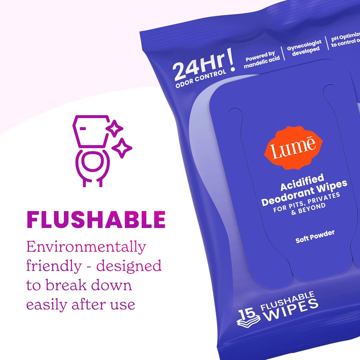 Acidified Deodorant Wipes - 24 Hour Odor Control - Whole Body Deodorant Wipes - Aluminum Free. Baking Soda Free. Skin Loving - Flushable - 15 Count - 3 Pack (Soft Powder)