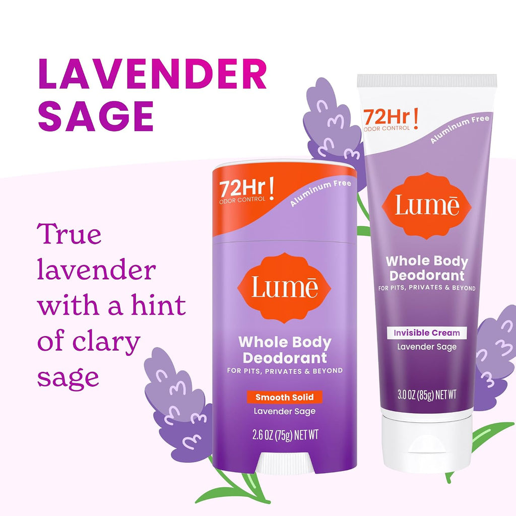 Whole Body Deodorant - Invisible Cream and Solid - 72 Hour Odor Control - Aluminum Free. Baking Soda Free. Skin Safe - 3.0 Ounce Cream and 2.6 Ounce Solid Bundle (Lavender Sage)