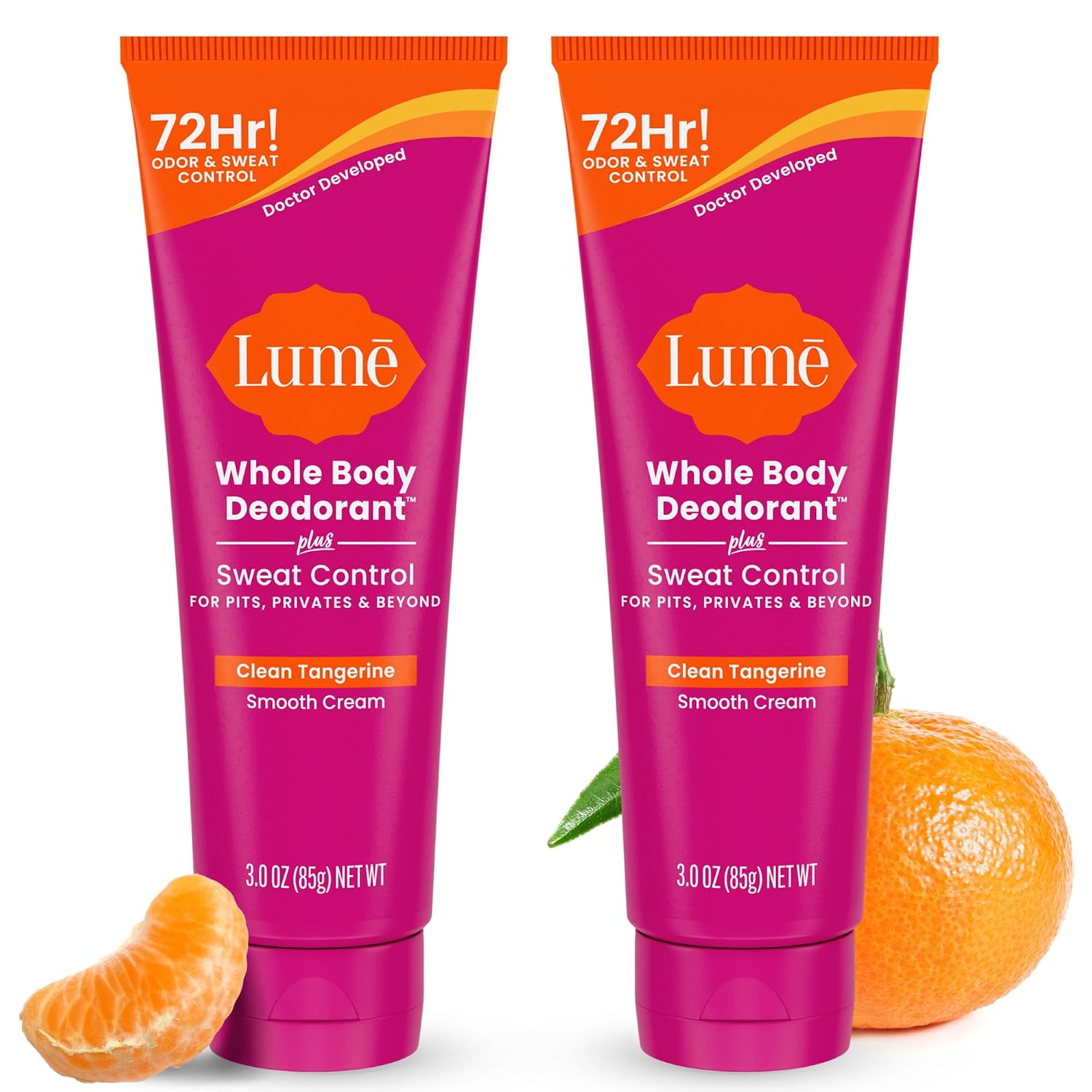 Whole Body Deodorant Plus Sweat Control - Smooth Cream Tube - 72 Hour Odor And Sweat Control - Baking Soda Free. Skin Loving - 3.0 ounce (Pack of 2) (Clean Tangerine)