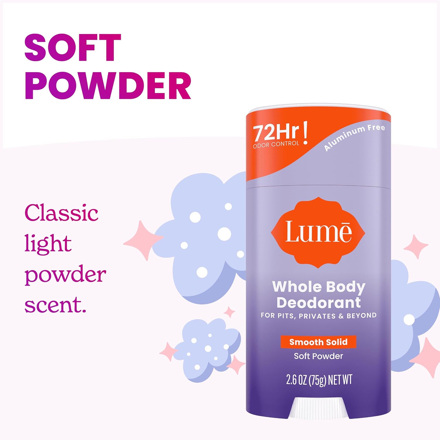 Whole Body Deodorant - Smooth Solid Stick - 72 Hour Odor Control - Aluminum Free. Baking Soda Free and Skin Safe - 2.6 Ounce (Pack of 2) (Soft Powder)