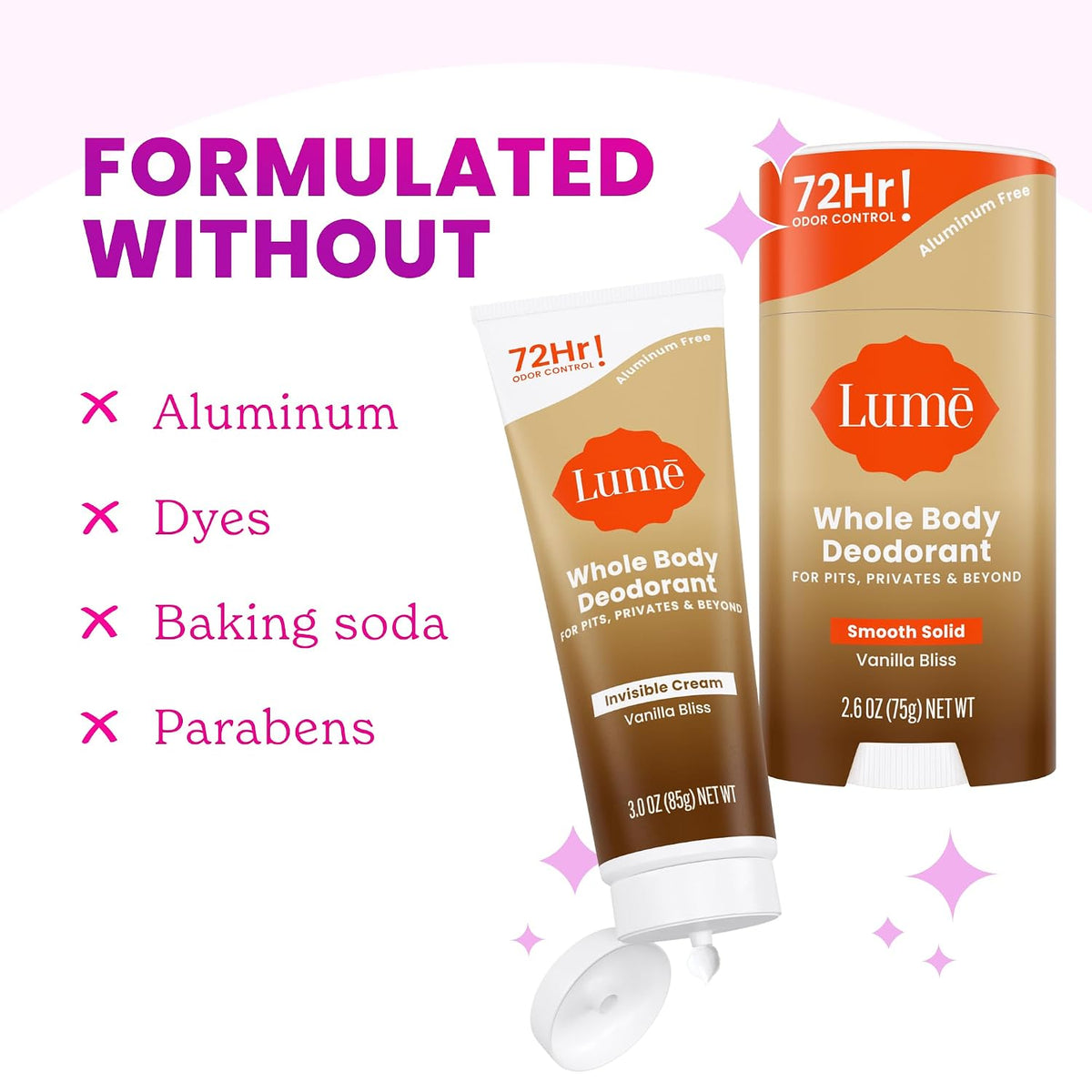 Whole Body Deodorant - Invisible Cream Tube and Solid Stick - 72 Hour Odor Control - Aluminum Free. Baking Soda Free. Skin Loving - 3.0 Ounce Tube and 2.6 Ounce Solid Stick Bundle (Vanilla Bliss)
