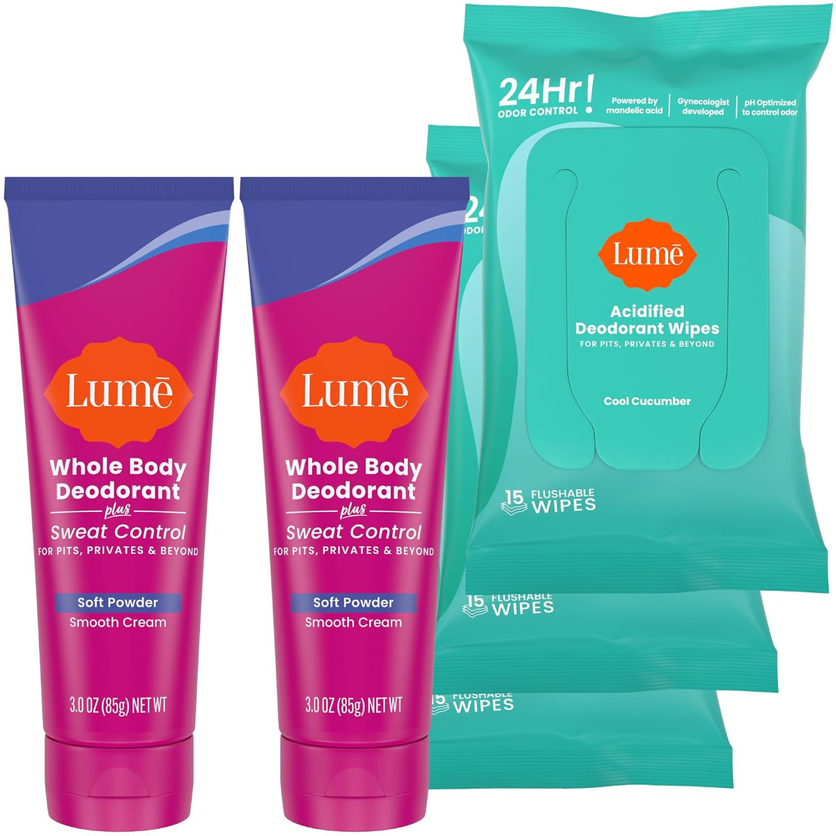 Whole Body Deodorant Plus Sweat Control - Smooth Cream Tube (Soft Powder) and Acidified Deodorant Wipes - 24 Hour Odor Control - Aluminum Free. Baking Soda Free. Skin Loving