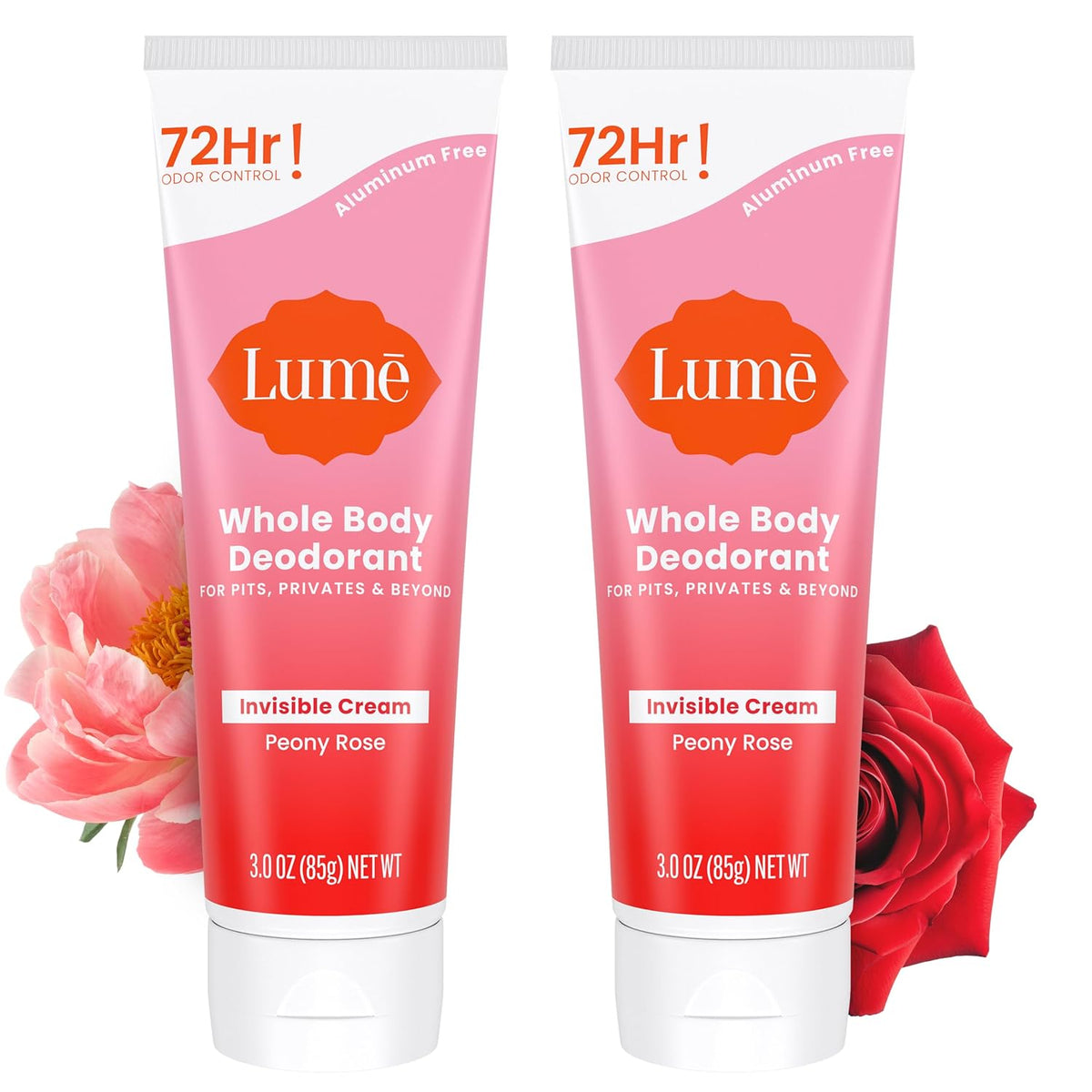 Whole Body Deodorant - Invisible Cream Tube - 72 Hour Odor Control - Aluminum Free. Baking Soda Free. Skin Safe - 3.0 ounce (Pack of 2) (Peony Rose)