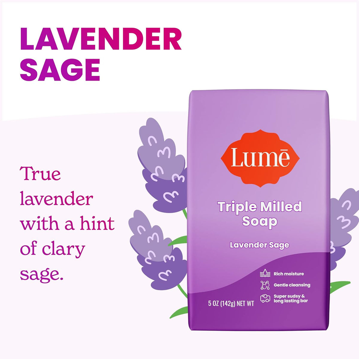 Triple Milled Bar Soap - Rich Moisture & Gentle Cleansing - Paraben Free. Phthalate Free. Skin Safe - 5 ounce (Lavender Sage)