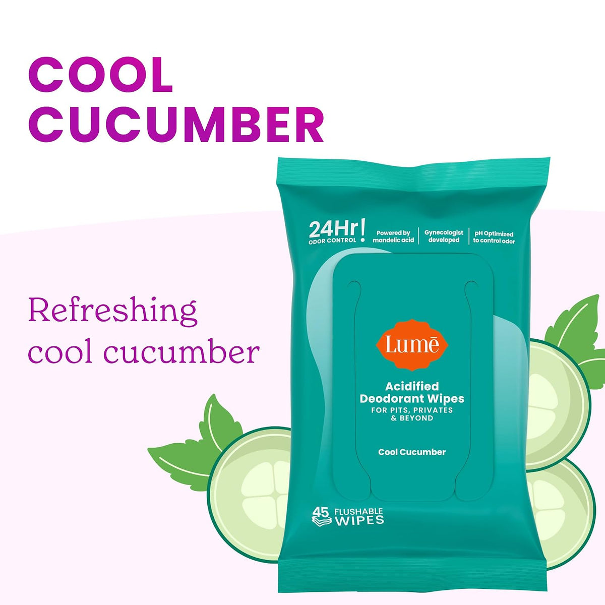 Acidified Deodorant Wipes - 24 Hour Odor Control - Aluminum Free. Baking Soda Free. Skin Loving - 45 Count (Pack of 3) (Cool Cucumber)