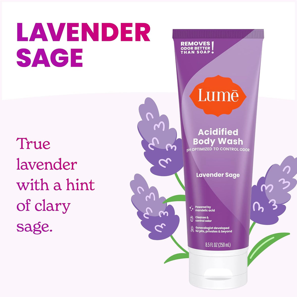 Acidified Body Wash - 24 Hour Odor Control - Removes Odor Better than Soap - Moisturizing Formula - Formulated Without SLS or Parabens - OB/GYN Developed - 8.5 ounce (Lavender Sage)