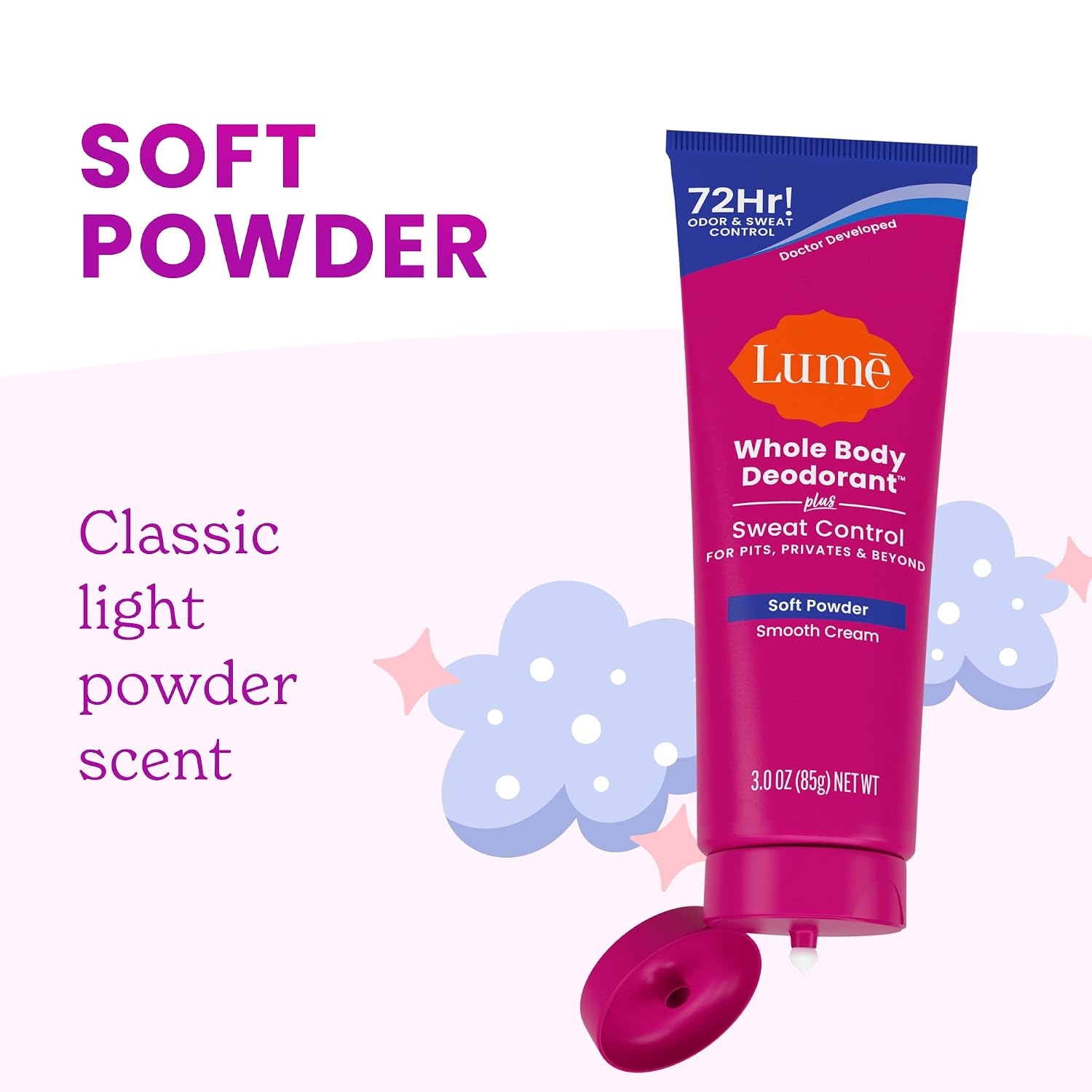Whole Body Deodorant Plus Sweat Control - Smooth Cream Tube - 72 Hour Odor And Sweat Control - Baking Soda Free. Skin Loving - 3.0 ounce (Soft Powder)