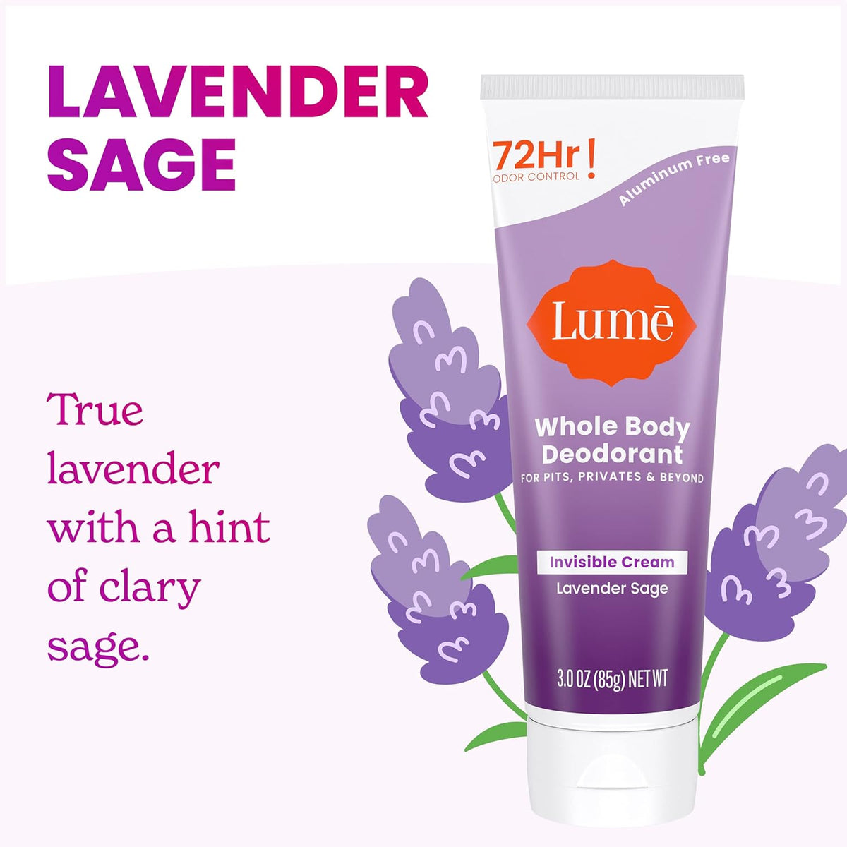 Whole Body Deodorant - Invisible Cream Tube - 72 Hour Odor Control - Aluminum Free. Baking Soda Free. Skin Safe - 3.0 ounce (Lavender Sage)