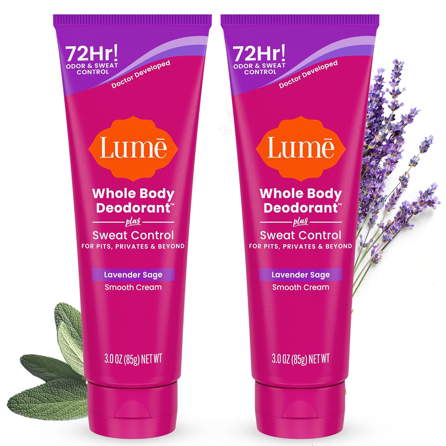 Whole Body Deodorant Plus Sweat Control - Smooth Cream Tube - 72 Hour Odor And Sweat Control - Baking Soda Free. Skin Loving - 3.0 ounce (Pack of 2) (Lavender Sage)