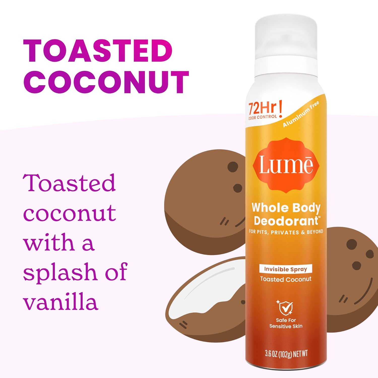 Invisible Spray Deodorant For Women - Whole Body Deodorant Spray - 72 Hr Odor Control - Ozone Friendly. Natural Propellant - Baking Soda & Aluminum Free - Skin Loving. Full Body - Toasted Coconut