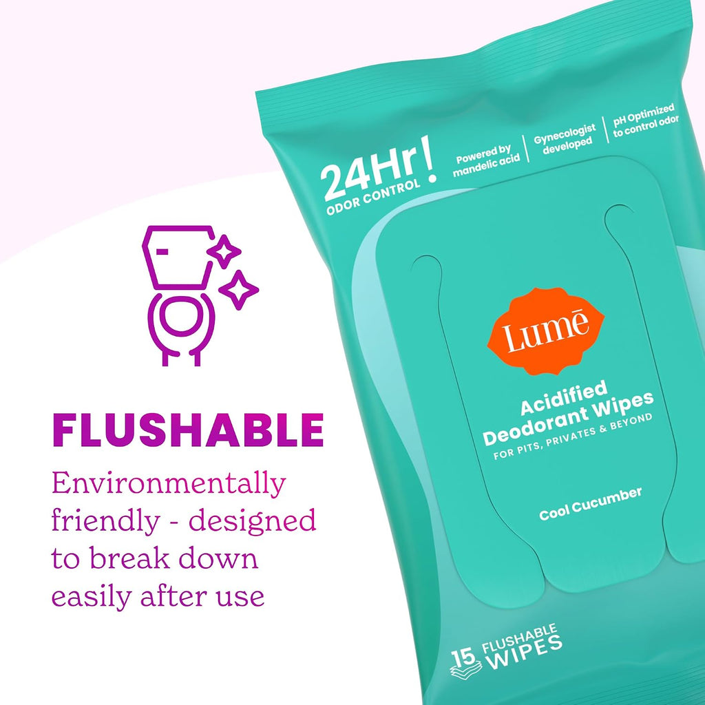 Acidified Body Wash & Flushable Deodorant Wipes - 24 Hour Odor Control - Hydrating Wash - Without SLS or Parabens - OB/GYN Developed - 8.5 Ounce (Unscented) 15 Count Wipes (Cool Cucumber)