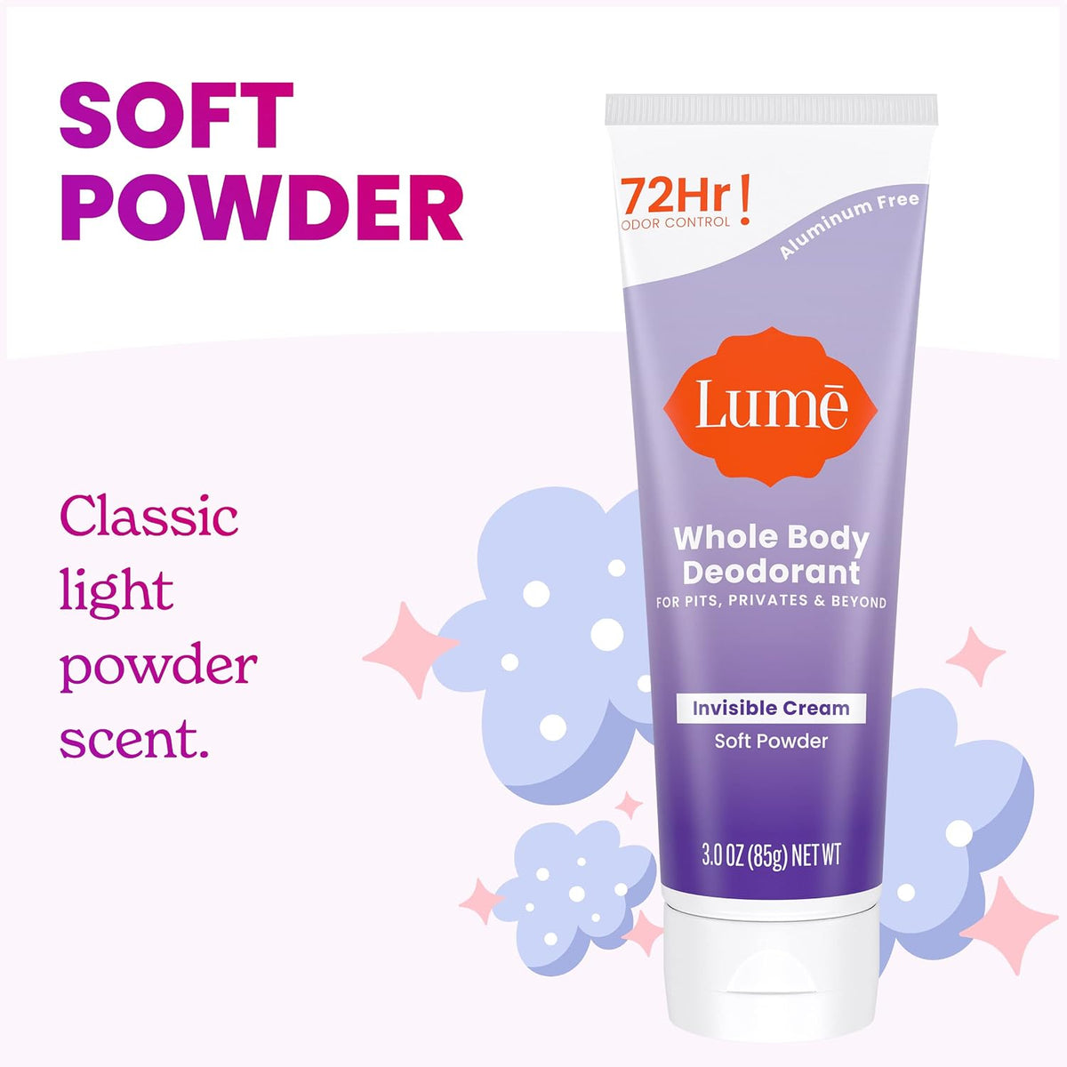 Whole Body Deodorant - Invisible Cream Tube - 72 Hour Odor Control - Aluminum Free. Baking Soda Free. Skin Safe - 3.0 ounce (Soft Powder)
