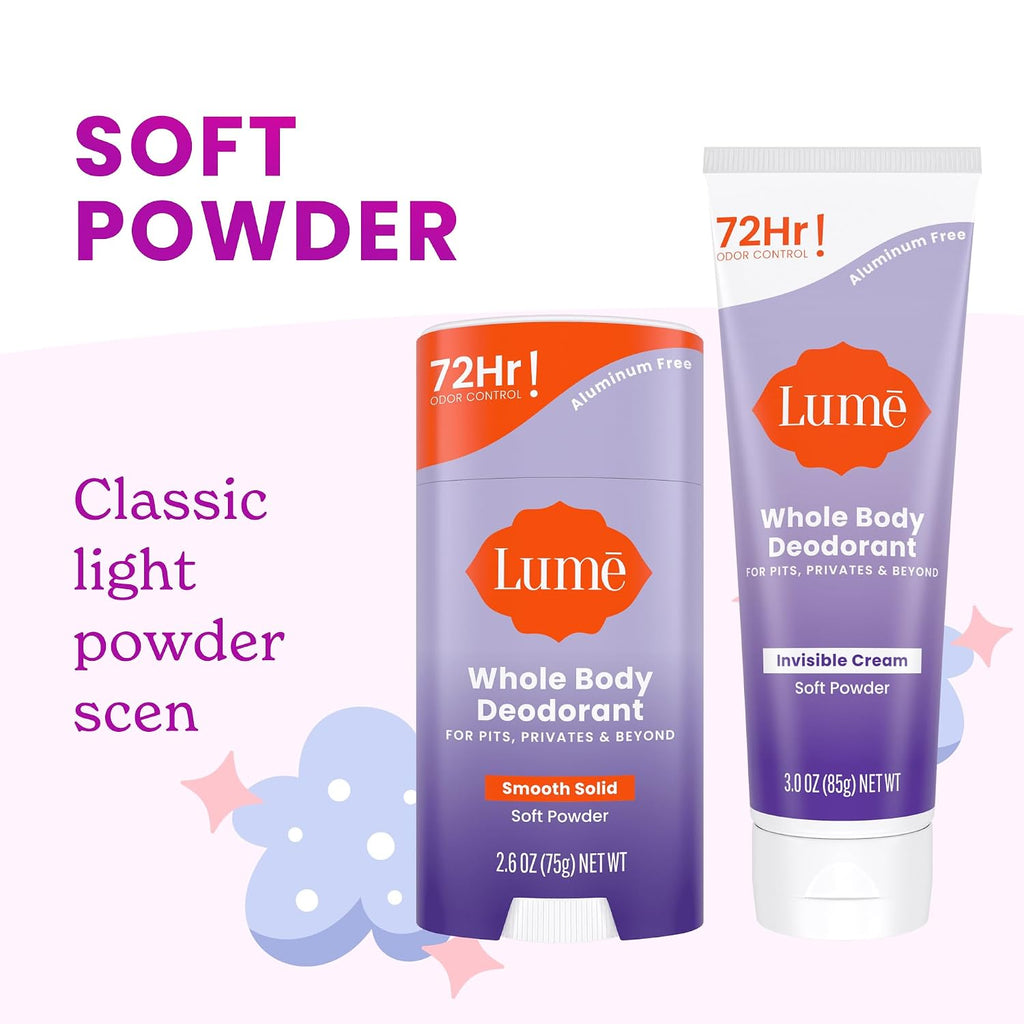 Whole Body Deodorant - Invisible Cream - 72 Hour Odor Control - Aluminum Free. Baking Soda Free. Skin Safe - 3.0 Ounce Tube and 2.6 Ounce Solid Stick Bundle (Soft Powder)