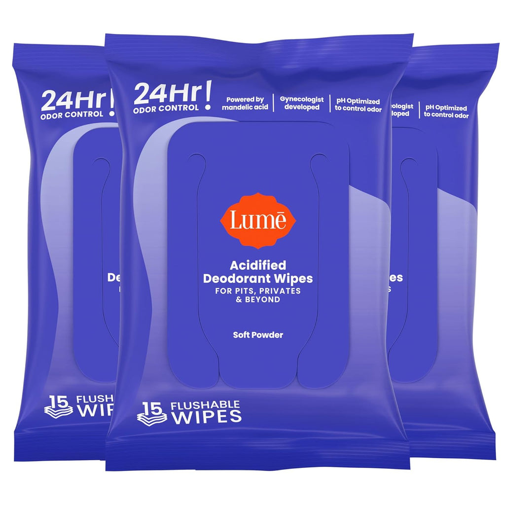 Acidified Deodorant Wipes - 24 Hour Odor Control - Whole Body Deodorant Wipes - Aluminum Free. Baking Soda Free. Skin Loving - Flushable - 15 Count - 3 Pack (Soft Powder)