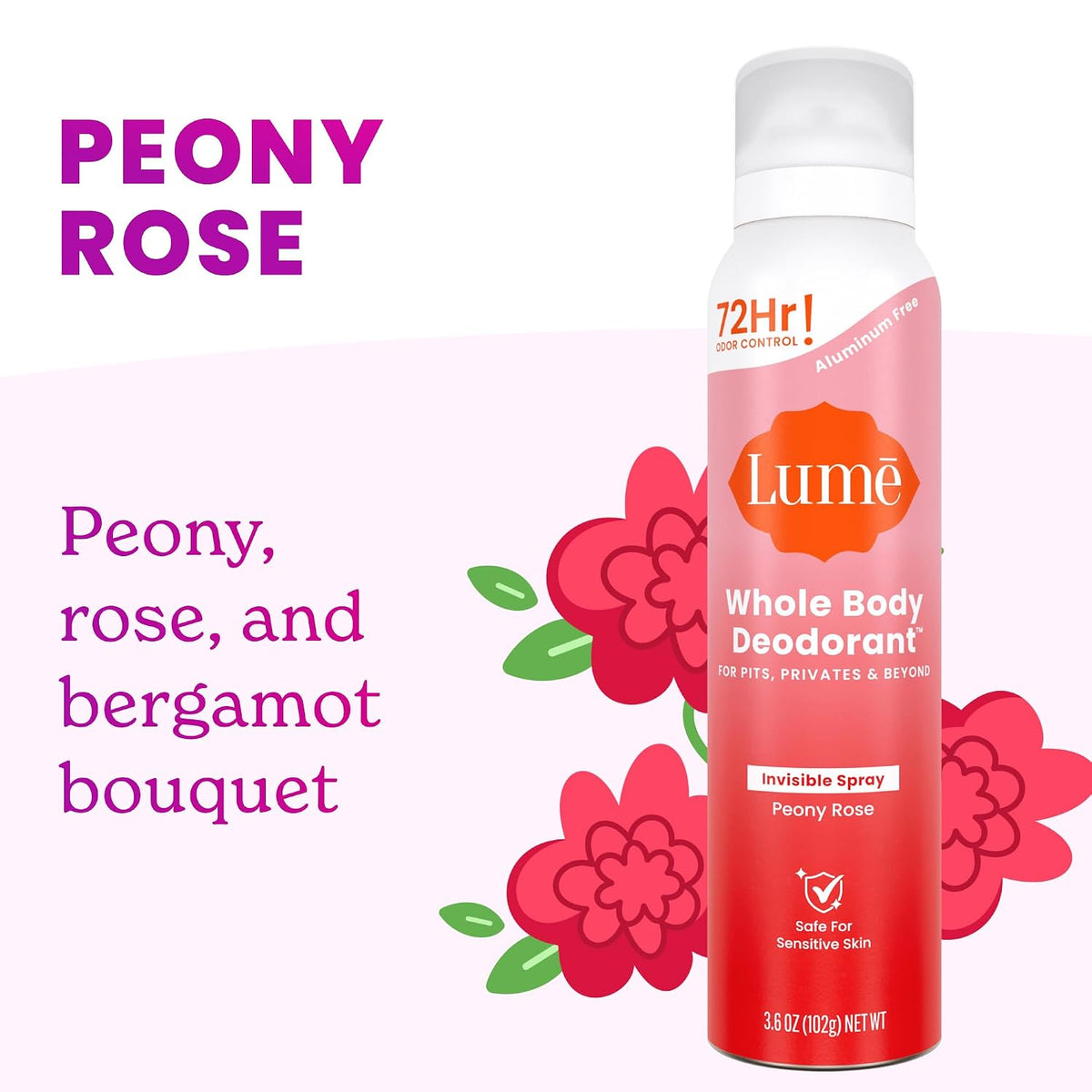 Invisible Spray Deodorant For Women - Whole Body Deodorant Spray - 72 Hr Odor Control - Ozone Friendly. Natural Propellant - Aluminum & Baking Soda Free. Skin Loving - 3.6 oz (2 pk) (Peony Rose)