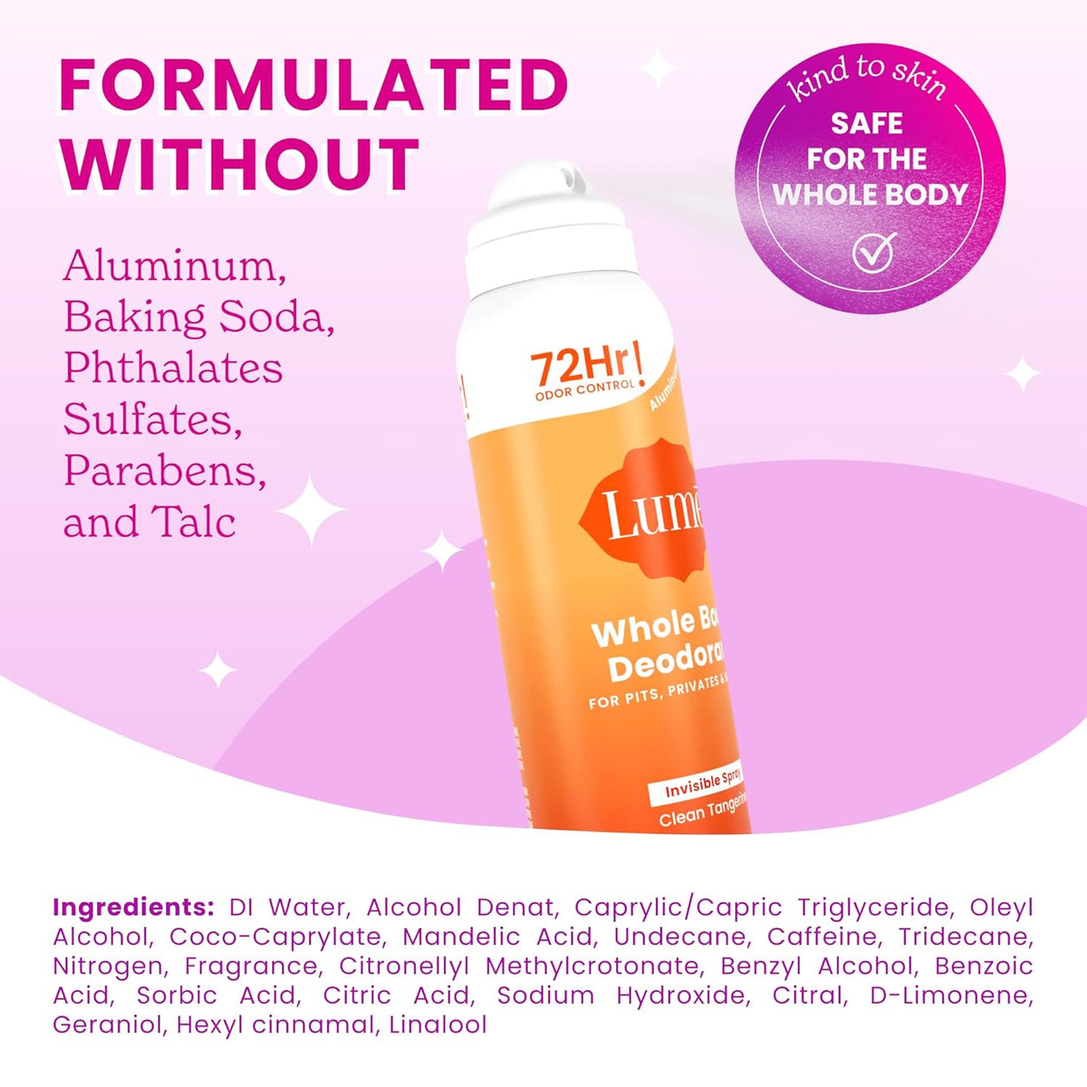 Invisible Spray Deodorant For Women - Whole Body Deodorant Spray - 72 Hr Odor Control - Ozone Friendly. Natural Propellant - Baking Soda & Aluminum Free - Skin Loving. Full Body - Clean Tangerine