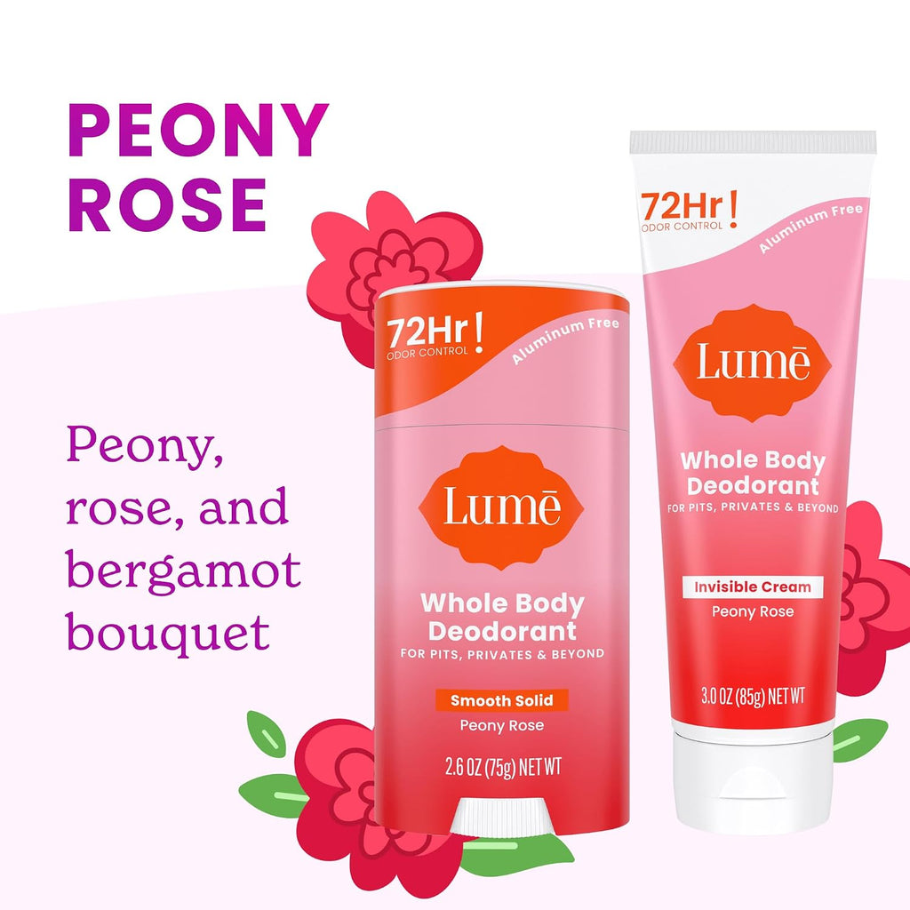 Whole Body Deodorant - Invisible Cream and Solid - 72 Hour Odor Control - Aluminum Free. Baking Soda Free. Skin Safe - 3.0 Ounce Cream and 2.6 Ounce Solid Bundle (Peony Rose)