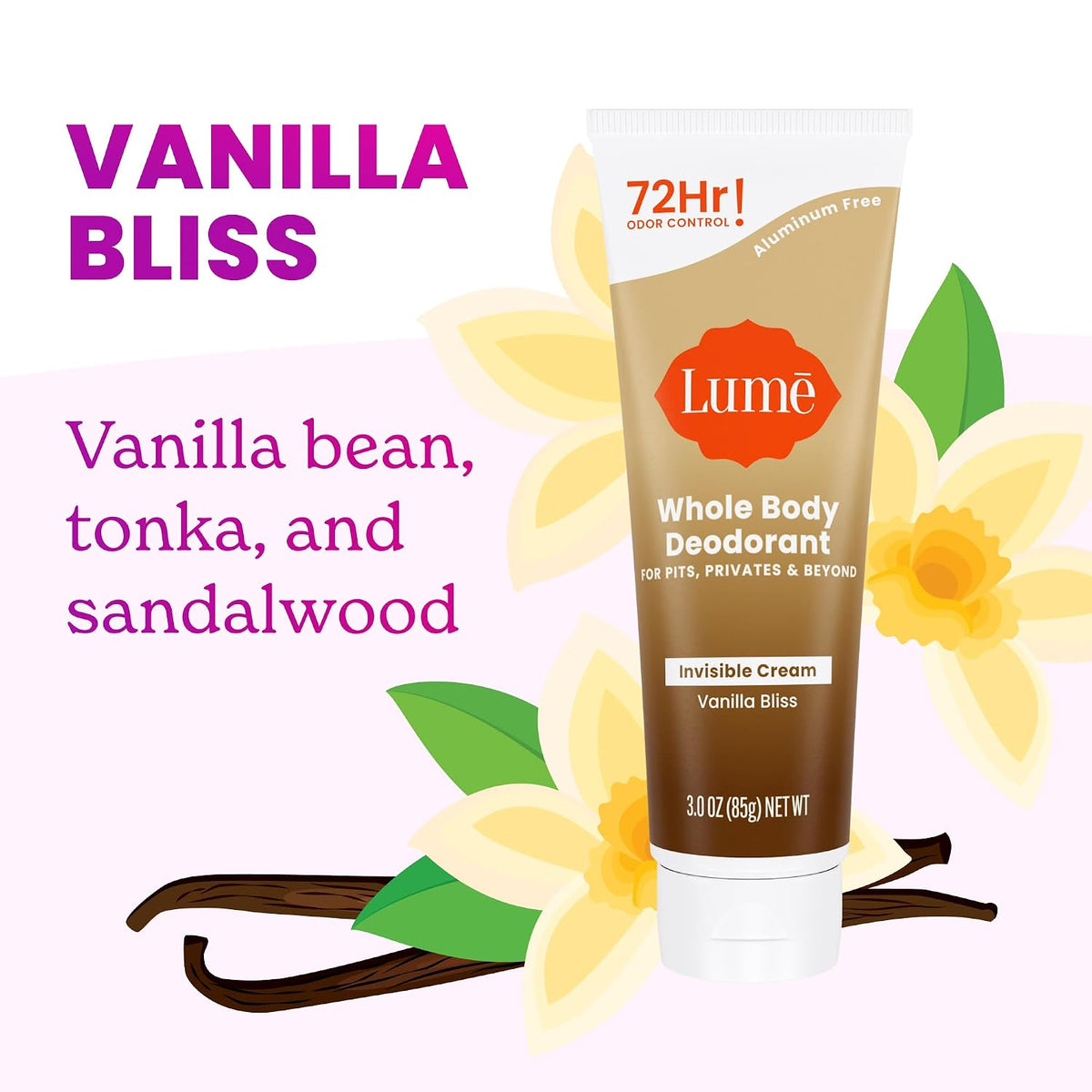 Whole Body Deodorant - Invisible Cream Tube - 72 Hour Odor Control - Doctor Developed - Aluminum Free. Baking Soda Free and Skin Loving - 3.0 Ounce (Pack of 2) (Vanilla Bliss)