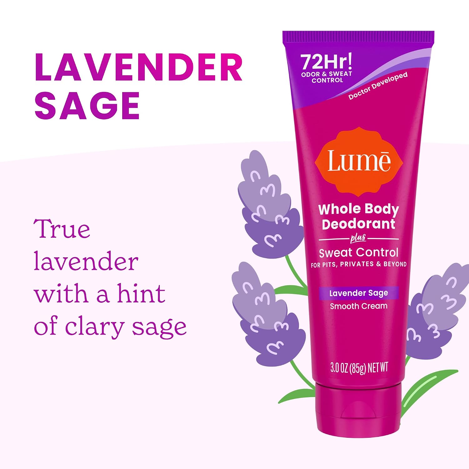 Whole Body Deodorant Plus Sweat Control - Smooth Cream Tube - 72 Hour Odor And Sweat Control - Baking Soda Free. Skin Loving - 3.0 ounce (Pack of 2) (Soft Powder & Lavender Sage)
